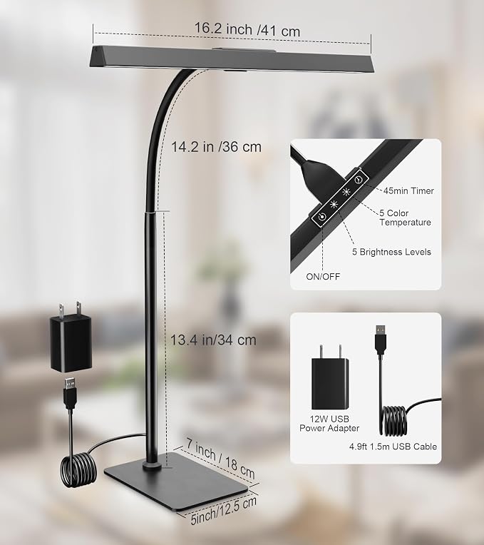 Desk Lamp for Home Office with Base, Eye-Caring Desk Light with Adjustable Gooseneck, 12W USB Adapter Touch Control 5 Dimmable Brightness & Color Tall Lamp for Work, Computer, Study, Task