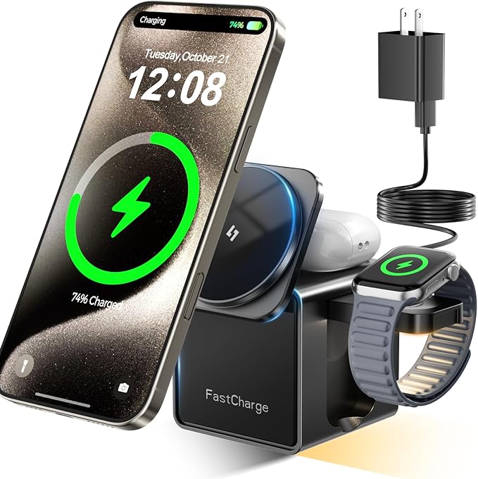 3 in 1 Charging Station for Apple, 15W Fast Magnetic Wireless Charger Station with Night Light, Travel Accessory Mag-Safe Stand for iPhone 17 16 15 14 13 12 - Apple Watch - AirPods(Adapter Included)