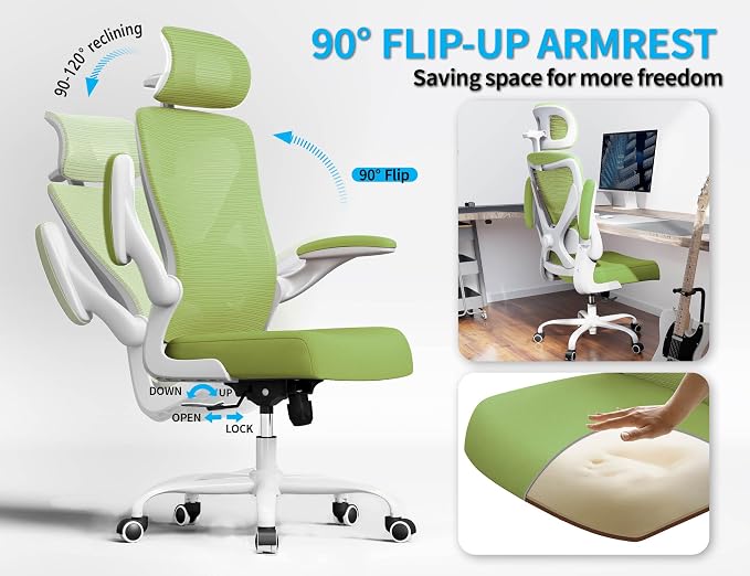 Ergonomic Office Chair: Mesh Desk Chair Comfy with Headrest& Lumbar Support | Ergalithic Big and Tall Office Chairs with Wheels & Flip-Up Arms-Computer Gaming Chairs for Adults Home Office Chairs(Green)