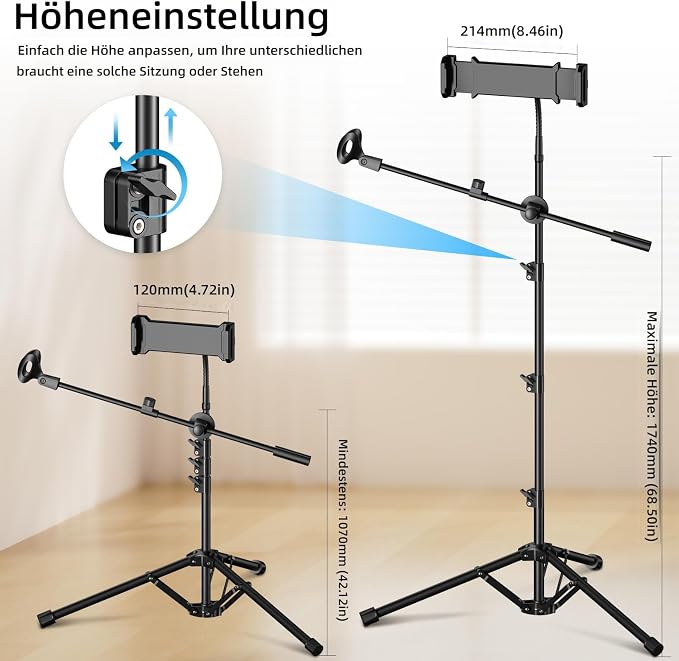 Mic Stand, 6-in-1 Microphone Stand with Floor Boom, Support Boom, Gooseneck, Mic Clips, Tablet Phone Holder, Black, Metal, Portable, Adjustable