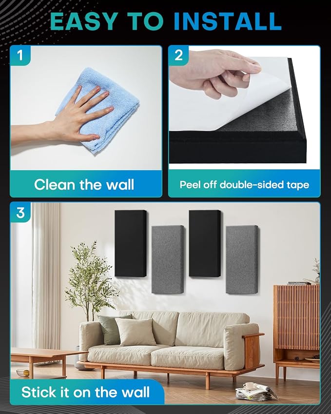 4Pack Fiberglass Acoustic Panels, Self Adhesive Sound Proof Foam Panels for Walls, Sound Dampening Panels for Studios, Office, Home Theater Soundproofing Absorbing Noise Reducing, 23.6x11.8x2.5" Black
