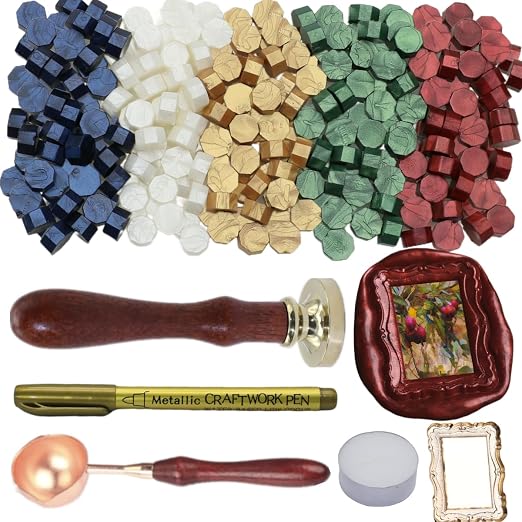 3D Embossed Frame Wax Seal Stamp, Frame Relief Carving Sealing Stamp Set with 150Pcs Green Red White Gold Blue Sealing Wax Beads in 5 Color, Melt Spoon Pen Kit for Wedding and Christmas (KM03)