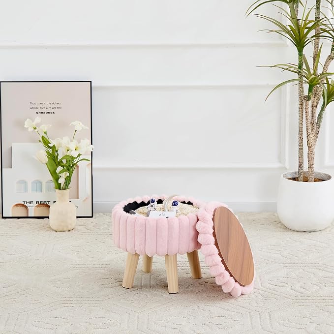 Wimarsbon Storage Ottoman, Modern Round Footrest with Soft Padded Seat, Teddy Velvet Footstool with Wood Legs, Accent Small Table or Plant Stand for Hallway, Living Room (Light Pink)
