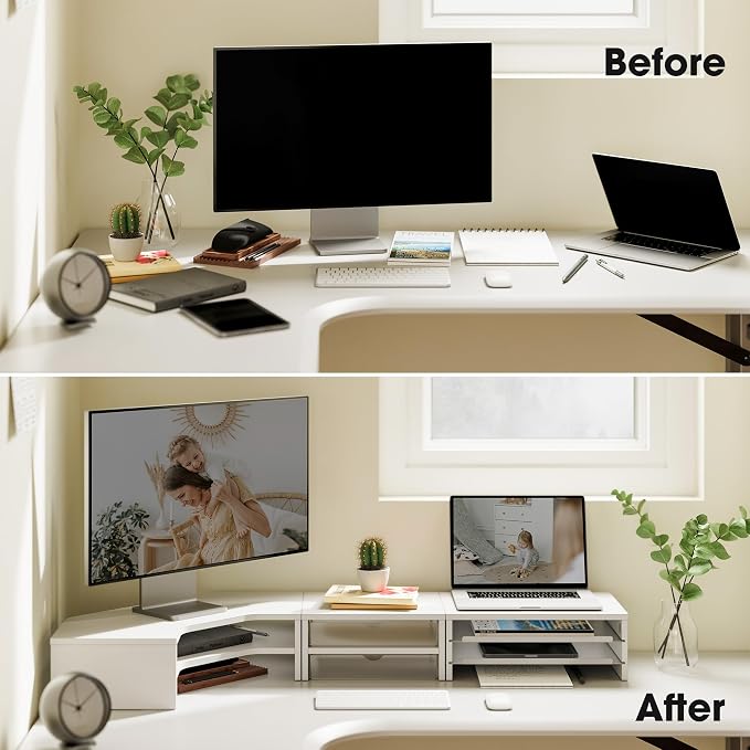 Fenge Dual Monitor Stand with Storage, Corner Desk Shelf for Top of Desk | Wooden Monitor Riser with Drawer and Slide-Out Tray, 2 Tier Storage, for Home Office, Computer, Laptop, Printer