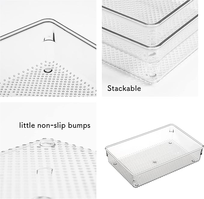 3 Set Clear Plastic Junk Drawer Organizer Vanity Curlery Utensil Makeups Organizer for Kitchen 6" X9''