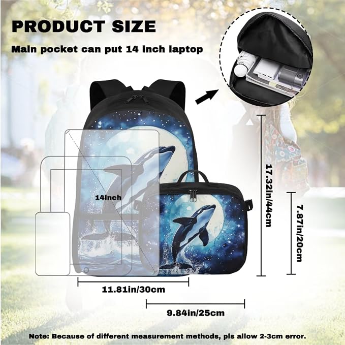 Doojoayie Orca Backpack for Preschool Girls 17 inch School Bag with Detachable Lunchbox Trendy Backpack for School Kids Girls 4-7 Heavy Duty Bookbags for Kindergarten Grade Kids