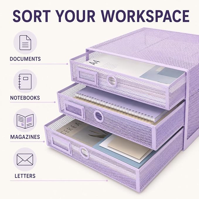 EXERZ Paper Sorter 3 Tier Drawers A4 / Multifunctional Desk Organiser/Letter Tray - Documents, Magazines, Notebooks and Letters - Light Purple | Desk Organiser Pull Out Trays Keep Files Letters Magazines Folders Notebooks Neatly Separated Easy To Reach