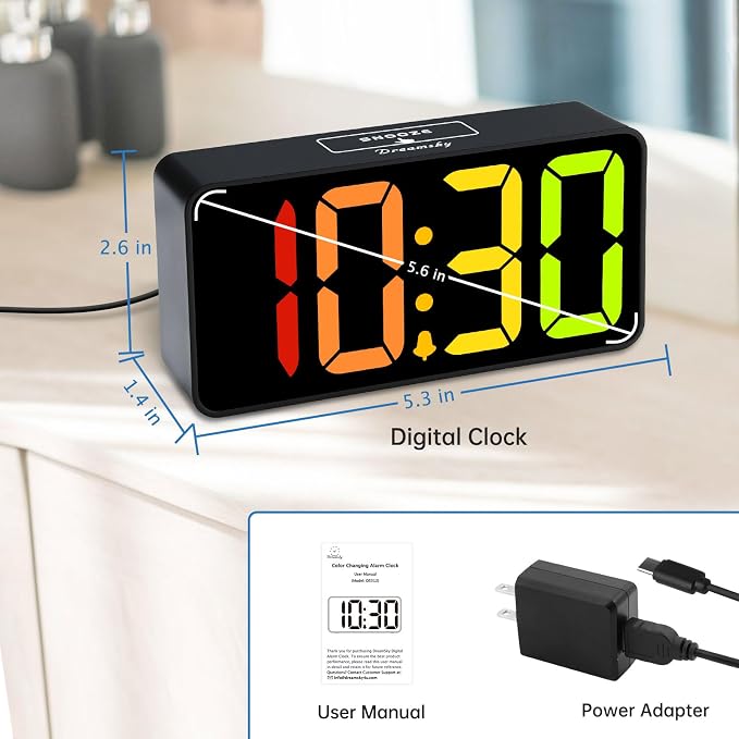 DreamSky Small Digital Alarm Clock for Bedroom, RGB Kids Alarm Clock Boys | Electric Desk Clock with Large Numbers for Bedside Nightstand, Dimmer, Adjustable Alarm Volume, USB Port, USB-C Plug-in