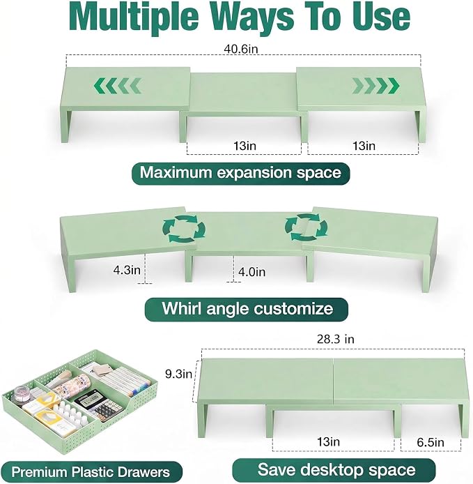 OPNICE Dual Computer Monitor Stand Riser, Desk Organizer with Drawer, Office Desk Accessories & Workspace Organizers for Home Office Supplies, Green
