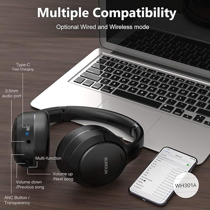 RUNOLIM Hybrid Active Noise Cancelling Headphones, Wireless Over Ear Bluetooth Headphones with Microphone, 100H Playtime, Foldable Headphone with HiFi Audio, Deep Bass for Home Travel Office