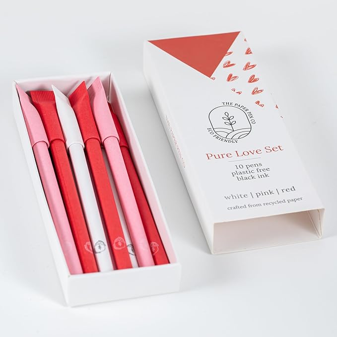 Paper Pen, Crafted From Recycled Paper, Metal Ink Insert, Plastic-free, Eco-friendly, Back to School, Sustainable Office Supplies, Goodie Bag Gift, Valentines Day, Black Ink, Pack of 10, Pure Love set