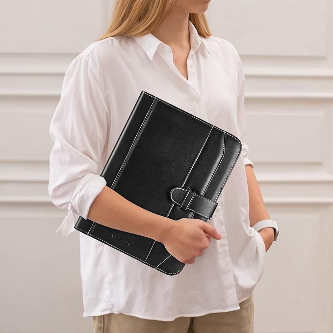 Leather Portfolio Notebook with Folder,Storage Clipboard with Cover for Legal Pad Holder Letter Size A4 Writing Pad for Business School Office Resume Conference Notepad Clip Boards(Black)