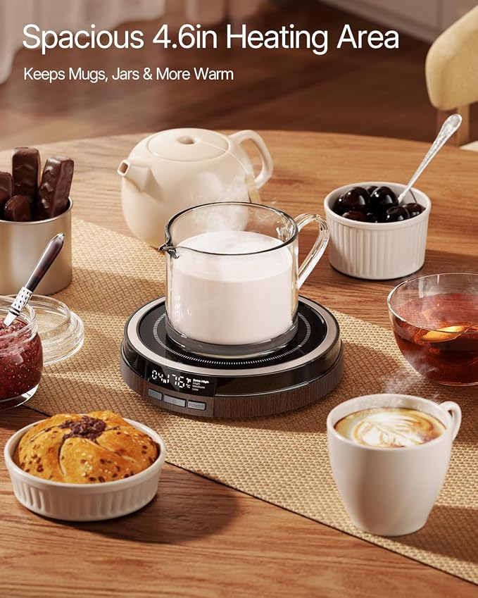 Coffee Mug Warmer for Desk, 50W Fast Heating Cup Warmer with Smart Display, 4 Temps & 12H Timer, Auto Shut Off for Tea, Milk, Hot Drinks - Dark Wood Effect