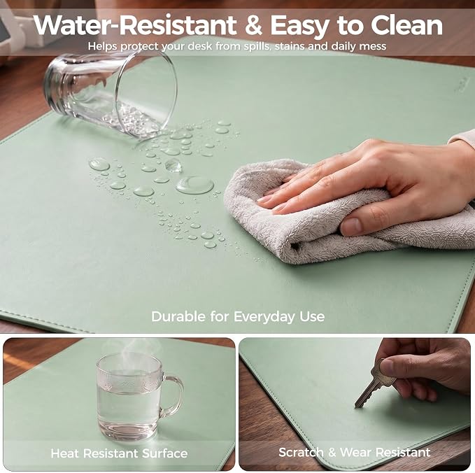 Large Desk Pad Non-Slip Desk Mat Protector for Keyboard Mouse Waterproof Vegan Leather Surface Faux Leather Laptop Mat Smooth Mouse Pad Premium Gift Tube Matcha Green 47" x 17"
