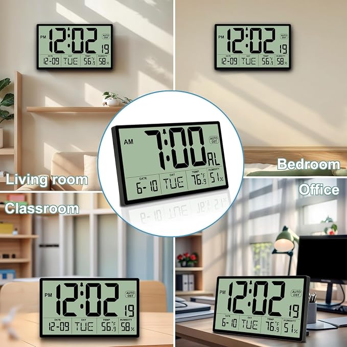 9‘’ Narrow Bezels Battery Operated Digital Wall Clock with Temperature and Humidity - Auto DST, Large 2⅝'' Digits, 5-Level Volume Alarm (3 AA Included) - Wall Mount/Desktop for Office Bedroom Kitchen