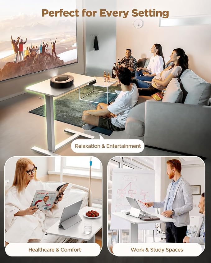 24"x 16" Electric Overbed Table, Rolling Laptop Desk for Bed, White | Height Adjustable Bedside Desk with Hidden Wheels, Mobile Standing Desk for Sofa, Home Office & Hospital Use