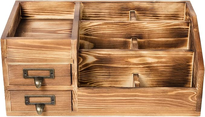 Liry Products Rustic Wooden Desktop Organizer Office Supplies Brown Tabletop Storage Cabinet Stepped Rack Multiple Compartments 2 Tier Drawers Makeup Accessory Jewelry Sorter Display Box Home Office