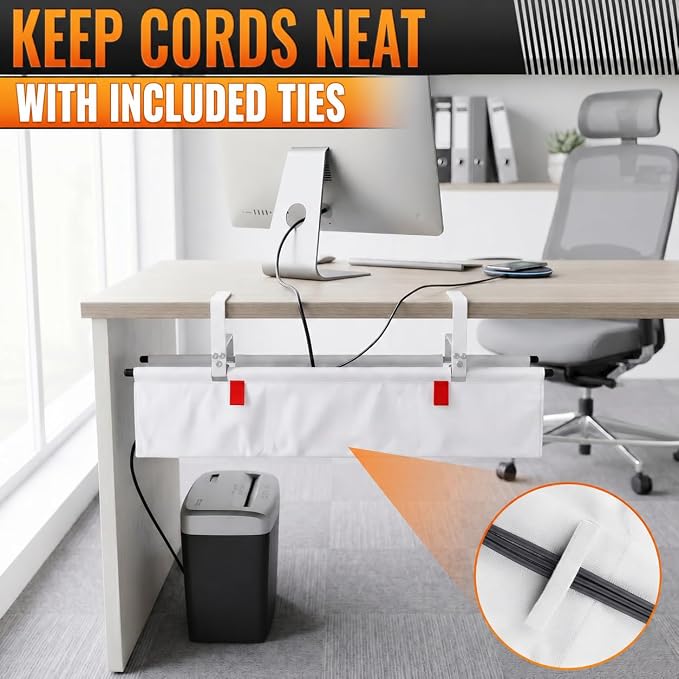 Under Desk Cable Management Tray 28" — No Drill Clamp-On Cord Organizer for Desk with Built-in Ties, Heavy Duty Metal Clamp, Foldable 600D Oxford Fabric for Home Office, WFH & Gaming PC Setup (White)