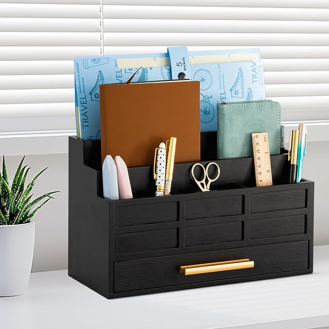 dreampossible Black Wood Desk Organizer and Accessories with Drawer, Bill Mail Organizer and File Mail Holder for Office Supplies, Rustic Desk Accessories & Workspace Organizers for Desk Organization