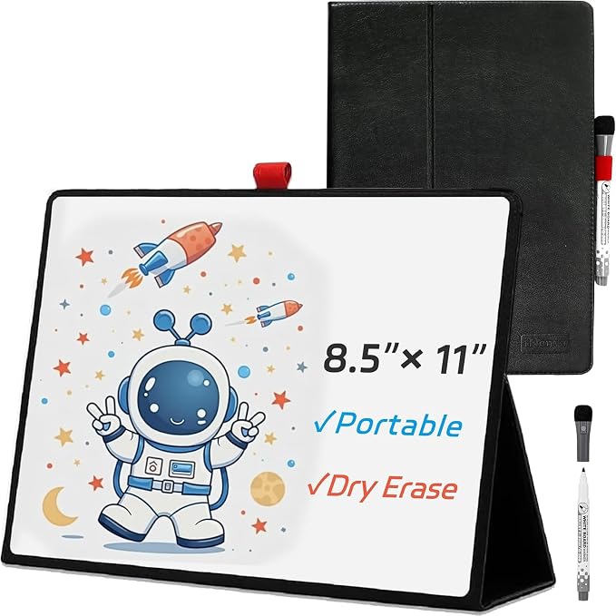 Desktop Dry Erase Board,12" X 9" Small white board,Portable whiteboard with Stand, marker and eraser wipe, A4 Notebook White Board Easel for Kids Drawing on Desk, for Students Shool (8.5"×11" - Black)