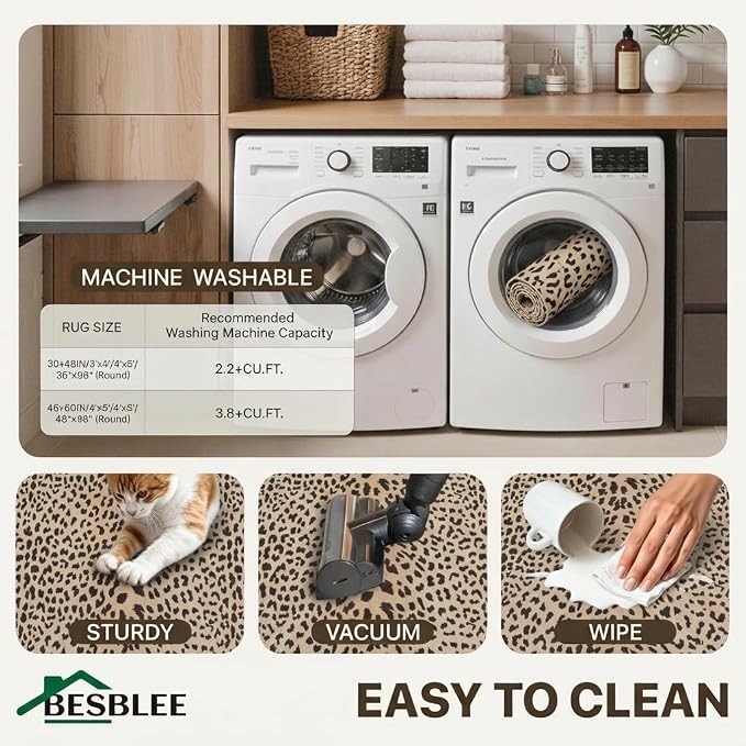 48"x60" Office Chair Mat for Hardwood Tile Floor, Under Desk Carpet Protector for Rolling Computer Chair Mat, Machine Washable Area Rug, Anti-Slip 1/5" Thick Low Pile Thin Vinyl Floor Mat, Leopard