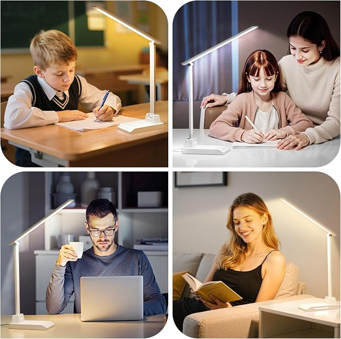 ShineTech LED Desk Lamp for Home Office, Dimmable Desk Light with 25 Lighting Combinations and USB Port, Memory and Timer Folding Reading Light for Study Nightstand, White