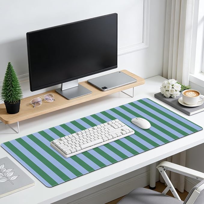 PU Leather Desk Mat,Large Desk Cover Desk Blotter Protector Computer Gaming Mouse Pad Striped Mat Table Laptop Office Desktop Accessories, Green Blue Writing Pad