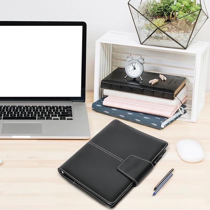 A5 Binder 6 Ring Faux Leather Refillable Notebook Binder Planner Cover Ring Binder with Magnetic Closure for A5 Paper,Photocard,Budget,Black(No Paper Inside)