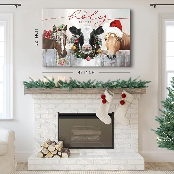 Farmhouse Animals Wall Art Cute Country Farm Horse Cow Canvas Prints Framed Artwork Christmas Accent Decoration for Bedroom Living Room Retro Abstract Barn Poster Xmas Holiday Party Home Decor 32x48