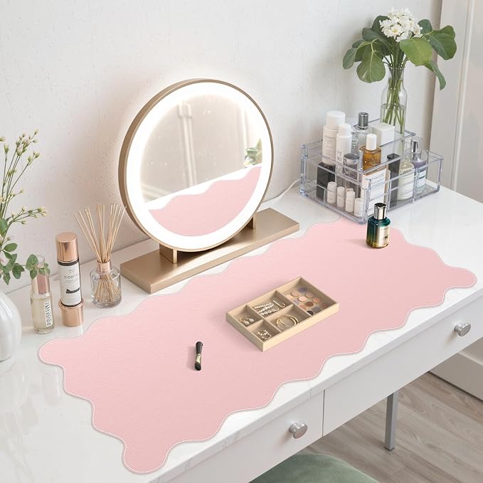 iCasso Pink Leather Desk Mat,Extra Large Scalloped Mouse Pad for Desktop,Waterproof PU Nail Table Mat,Cute Keyboard Mats for Women Girl,Non-Slip Desk Cover Mat for Office Home Dorm
