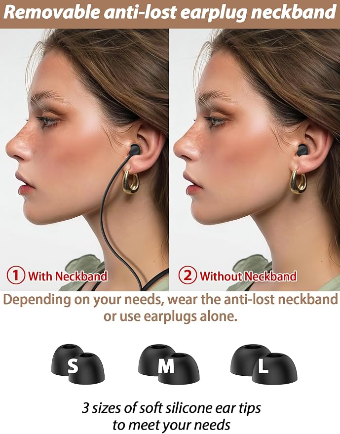 HALLEAST Earplugs for Sleeping and Concert, Noise Reduction, Hearing Protection, with Removable Ear Plug Lanyard, Safety Connector Cord Strap Neckband – SNR 26dB, NRR 14dB, Red