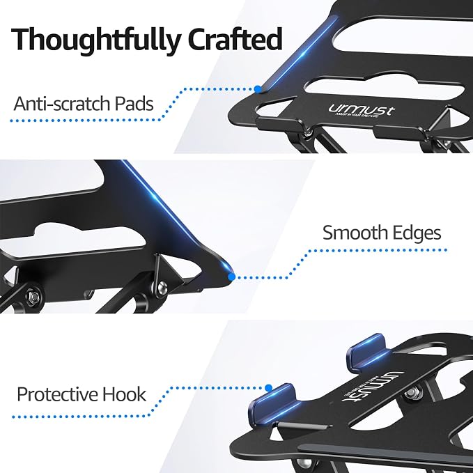 Urmust Aluminum Laptop Stand, Portable Laptop Riser, Adjustable Laptop Stand for Desk Foldable, Ergonomic Computer Notebook Holder for MacBook Air Pro HP, Office Desk (10-15.6'')- Black