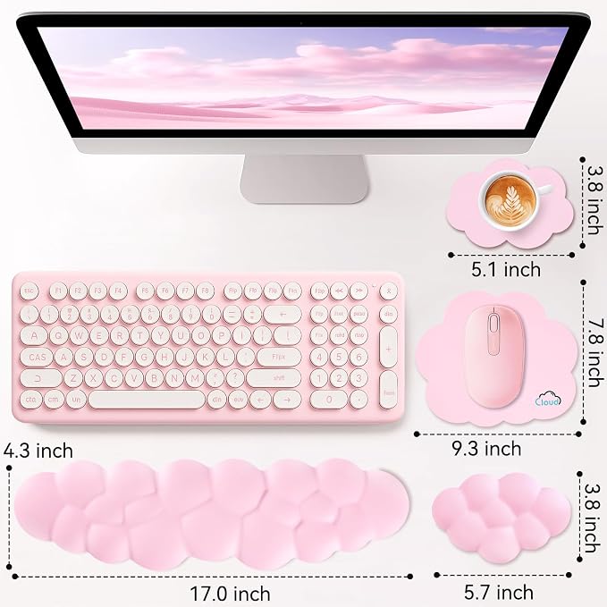 Sushret Cloud Wrist Rest for Computer Keyboard, 4-in-1 Memory Foam Leather Cloud Keyboard Wrist Rest and Mouse Pad Set with Ergonomic Support for Arm and Palm Cushion, Gaming/Work Setup, Pink