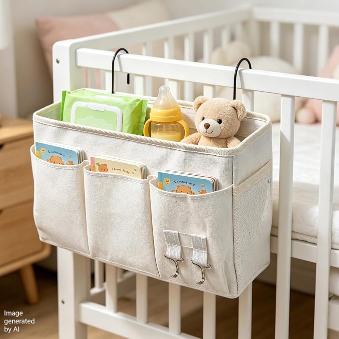 White Bedside Caddy Wall Bag for Dorm Bunk Hospital Beds, Stores Phone Books Glasses