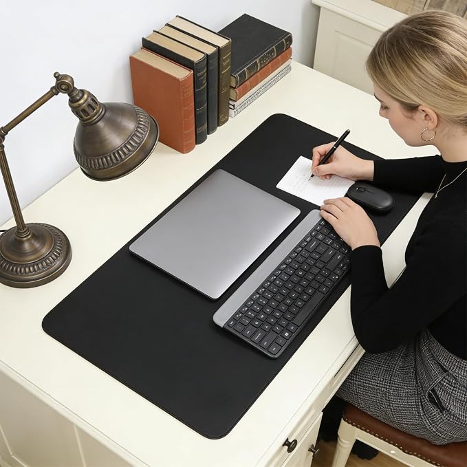 Large Double Sided Desk Mat 31.5" x 15.7" PU Leather Cork Mouse Pad | Large Black Overlocked Edge Desk Pad Protector for Office Home Gaming Laptop Vanity, Overlocked with Matching Thread