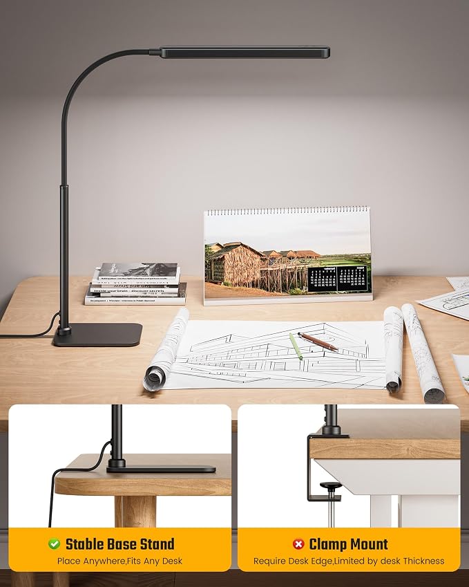SUPERDANNY Eye-Caring LED Desk Lamp with Base 360° Flexible Gooseneck Work Lamp Touch Control 3 Light Colors Smooth Dimming Task Lighting Reading Light for Home Office College Dorm, Black