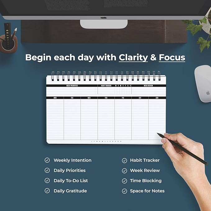 Undated Weekly Planner 2026 | Daily Agenda To Do List Notepad Day Planner Notebook | Monthly School Task, Work Schedule Planners | Yearly Horizontal Calendar Spiral Desk Organizer | Habit Tracker