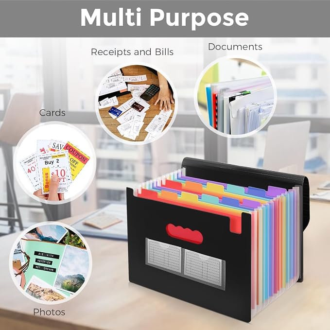 SKYDUE Accordion File Organizer, Expanding File Folder with 13 Pockets, Portable Document Paper Bill Receipt Organizer, School Office Supplies, Letter A4 Size Black