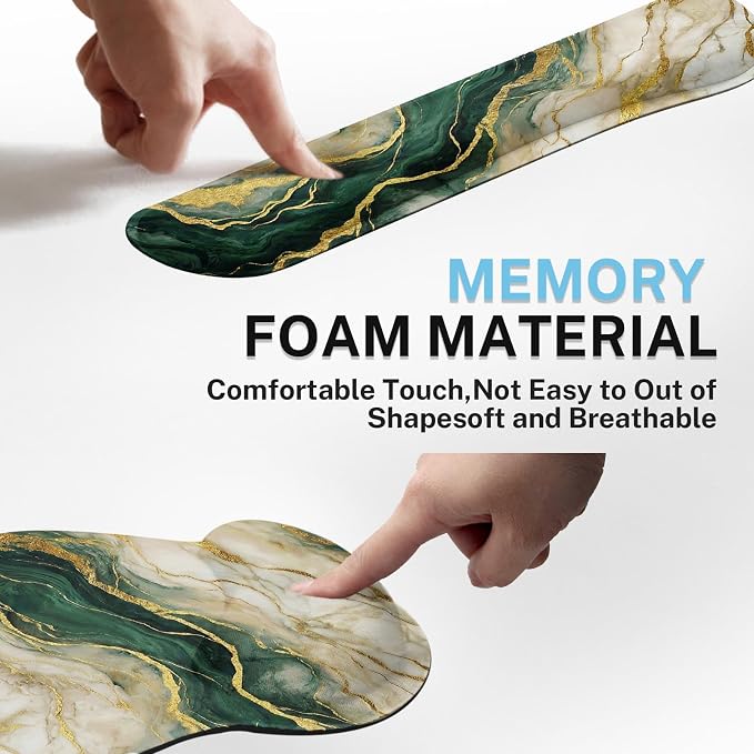 Britimes Marble Abstract Gold Green Modern Ergonomic Mouse Pad Set with Wrist Rest Non-Slip Rubber Base Wrist Cushion Support and Coasters Mousepad with Wrist Support for Computer Keyboard and Desk