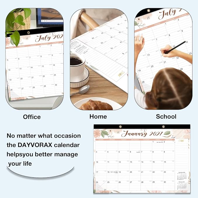 2026-2027 Desk Calendar - 18 Month Desk Calendar 2026-2027, Jul 2026 - Dec 2027, 17" x 12", Large Monthly Desktop Calendar with Daily Blocks, Thick Paper, Corner Protectors - Floral (2 Stickers Included)