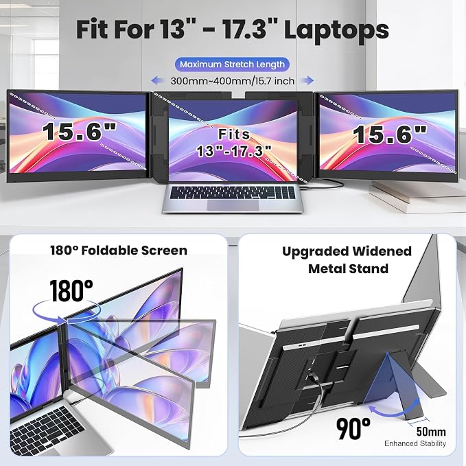 One Cable Laptop Screen Extender, 15.6” Ultra-Slim Triple Portable Monitor, 1080P FHD IPS Display, USB-C/A Connection, Travel Monitor for 13–17.3" Laptops, Mac/Windows/Android (Driver Required)