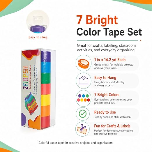 Colored Masking Tape 1 Inch, Colored Tape Rolls, Painters Tape for Kids, Colorful Tape for Crafts, Writable & Removable, 7 Colors in Clear Hanging Case.