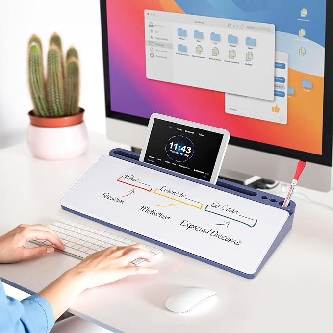 DOLLAR BOSS Glass Desk Whiteboard Small Dry Erase Board Desktop White Board with Storage Drawer Computer Keyboard Stand Desk Organizer Office Accessories School Supplies with 4 Markers 1 Eraser, Blue