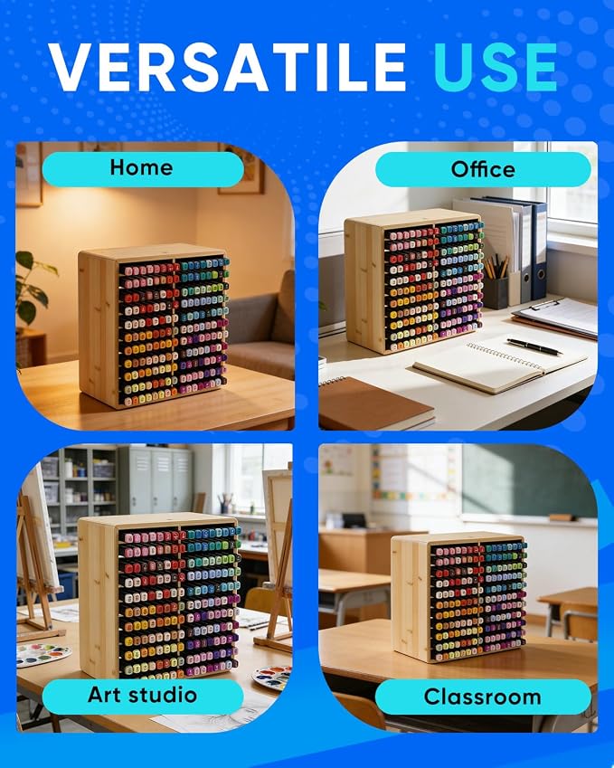 UCEC Bamboo Marker Organizer for 176 Markers, 11-Tier Desktop Marker Storage Rack with 22 Wide Compartments, Stackable Alcohol Pen Holder for Artists, Classroom, Studio Decor