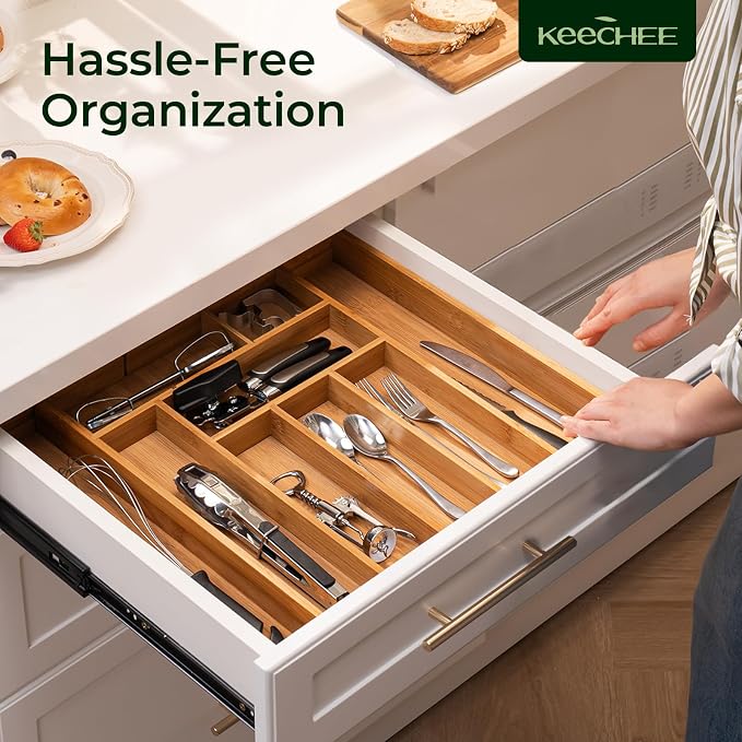 keechee Carbonized Bamboo Kitchen Drawer Organizer, 10 Slots Expandable Silverware Organizer, Utensil Holder & Cutlery Tray, 2.2" Deep for Extra Capacity, Non-Slip Feet Included