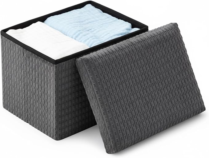 Thyle Storage Ottoman Cube, Small Foldable Footrest Stool for Under Desk Use, Sturdy Corduroy Ottoman with Storage for Snacks, Toys, Living Room, Bedroom, Dorm or Home Office, 16x12x12 Inch(Grey)
