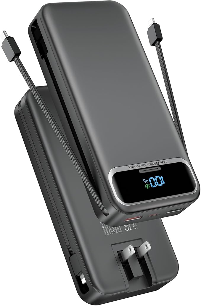 Nusyddy Portable Charger 20000mAh 22.5W w/Built-in Cables & Wall Plug Black | 22.5W Fast Charging, High Capacity, LED Display, Charge 5 Devices at once, TSA Approved, Compatible with iPhone/iPad/Samsung