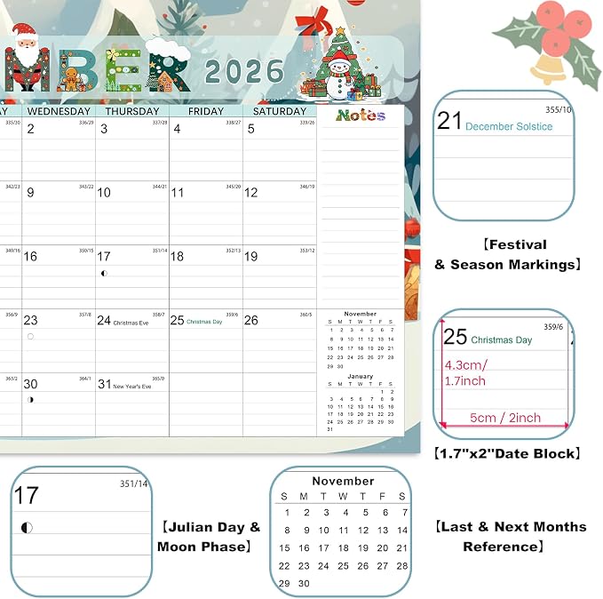 Desk Calendar, Anti Ink Bleed and Transparent Cover, Large Ruled Blocks, 18 Months Calendar, 17" x 12" Large Seasonal Desk Calendar for Home and Office Planning