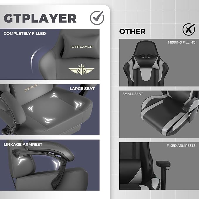 GTPLAYER Big and Tall Gaming Chair 400lbs Heavy Duty Office Chair with Footrest, High Back Pocket Spring Ergonomic Computer Chair for Adults, Wide Seated Cushion with Linkage Armrests, Leather Grey