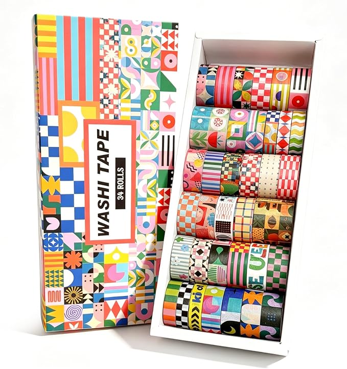 Bomichi Washi Tape Set - 34 Rolls Modern Geometric Pattern Washi Tape for Bullet Journaling, Scrapbooking, Planner Borders, DIY Collage Supplies,Gift Wrapping, School Supplies